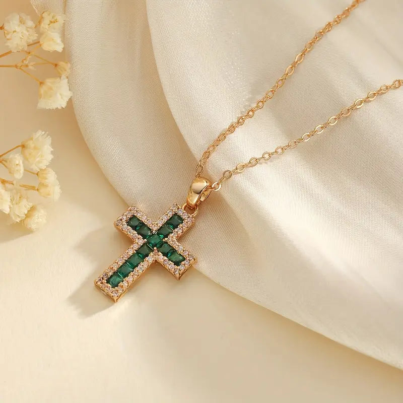 Collana con ciondolo a croce Solene Emerald | Oro