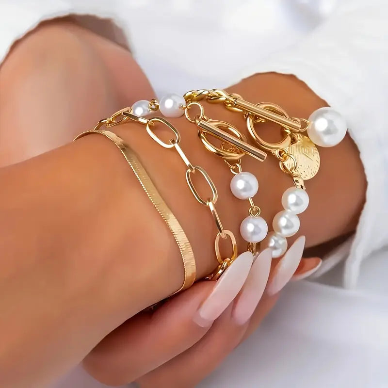 Set di 4 bracciali Chic Gold - Serpente, perle e catene | Oro