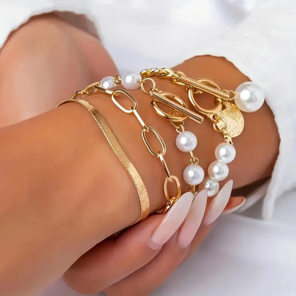 Set di 4 bracciali Chic Gold - Serpente, perle e catene | Oro