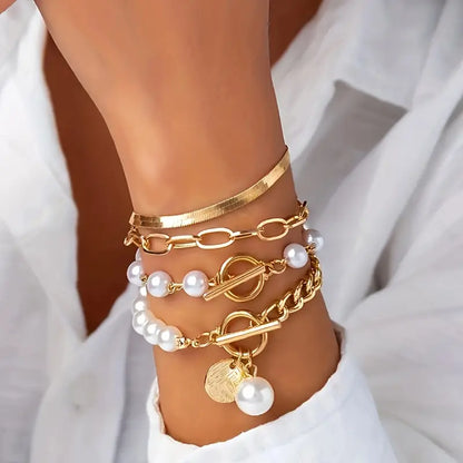 Set di 4 bracciali Chic Gold - Serpente, perle e catene | Oro