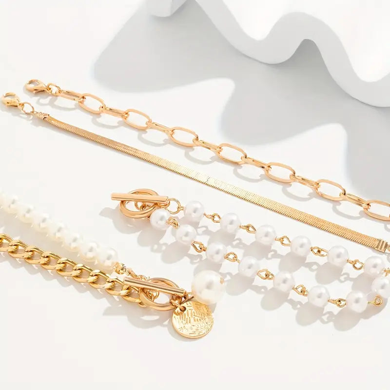 Set di 4 bracciali Chic Gold - Serpente, perle e catene | Oro