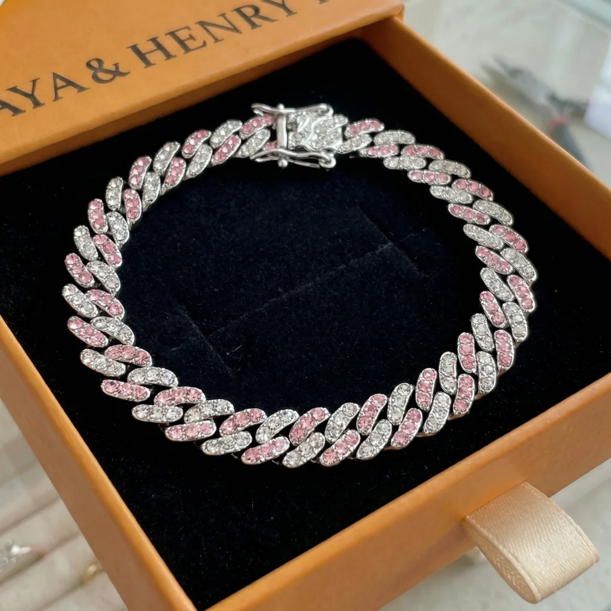 Bracciale Cuban Arctic Blush | Oro bianco