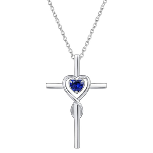 Collana con croce e pietra a forma di cuore zaffiro | Oro bianco