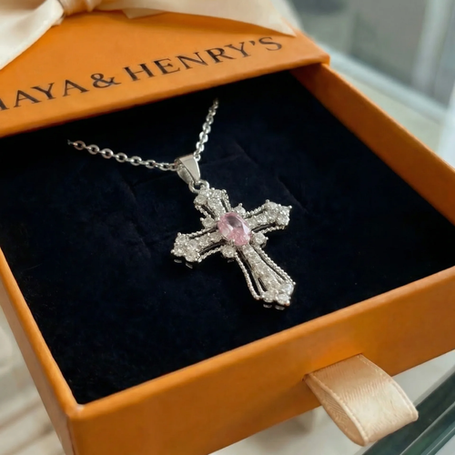Collana con croce Celestial Pink | Oro bianco