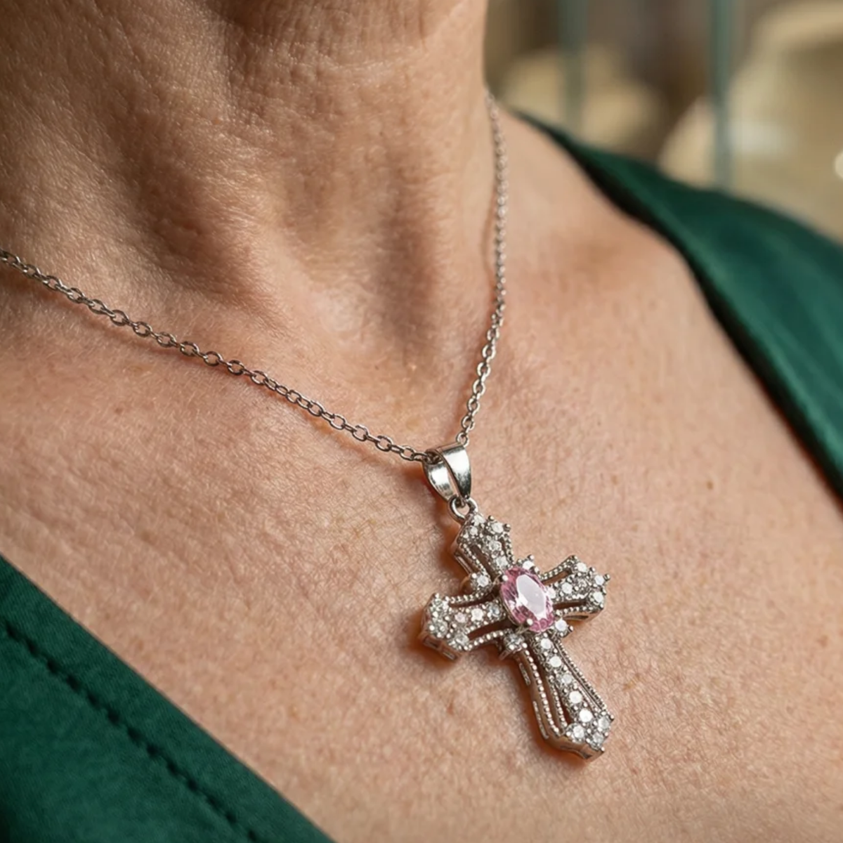 Collana con croce Celestial Pink | Oro bianco