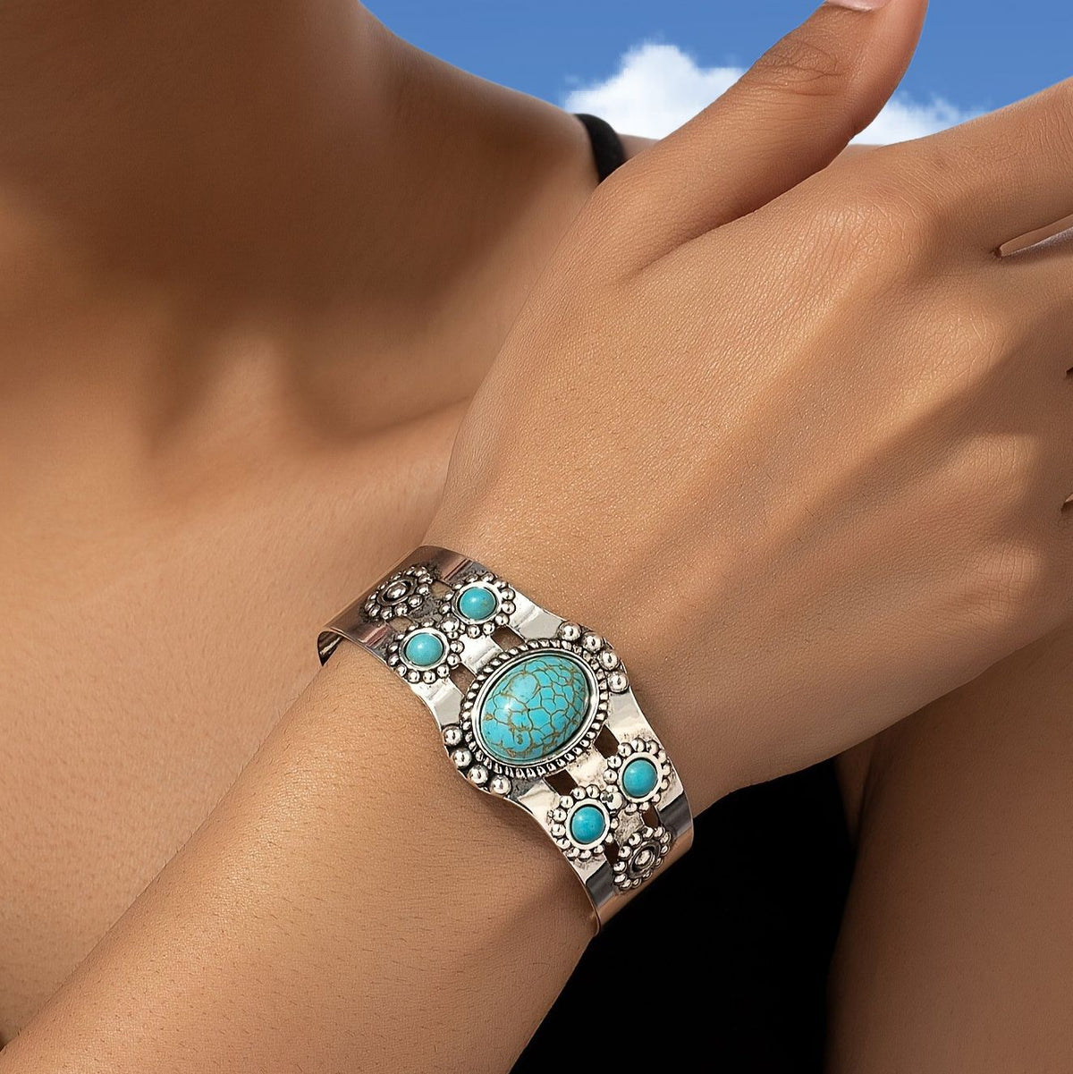 Bracciale rigido Seren con turchese | Oro bianco