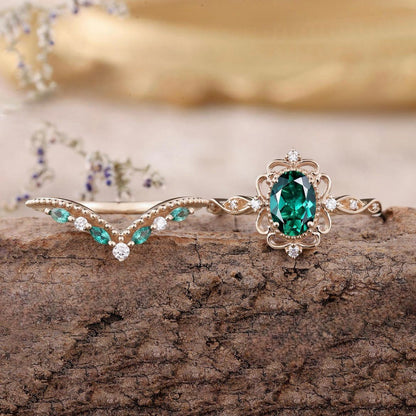 Aurelle Emerald Crown Ring Set | Rose Gold