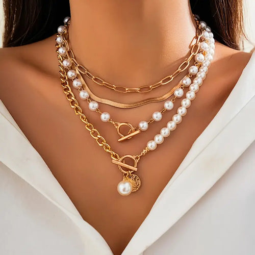 Vintage Pearl & Gold Snake Chain Necklace Set | Gold