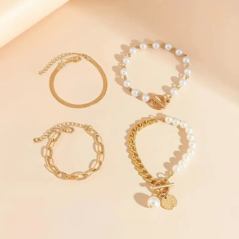 Set di 4 bracciali Chic Gold - Serpente, perle e catene | Oro