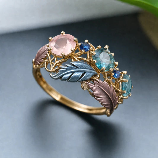 Anello antico con piuma esotica e cristalli | Oro