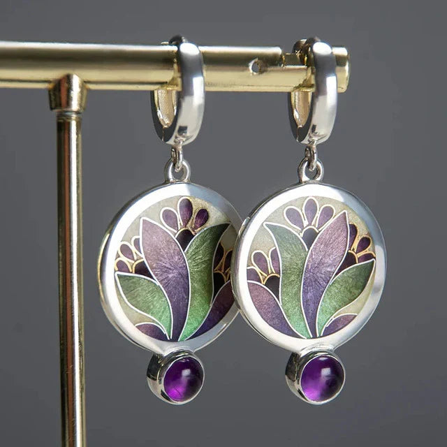 Orecchini Vintage Boho con Cristalli Viola | Oro Bianco