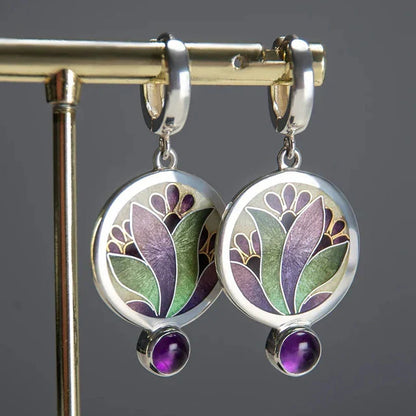 Orecchini Vintage Boho con Cristalli Viola | Oro Bianco