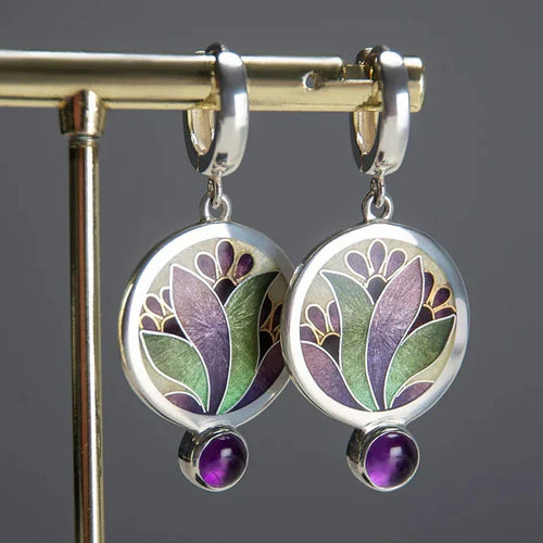 Orecchini Vintage Boho con Cristalli Viola | Oro Bianco
