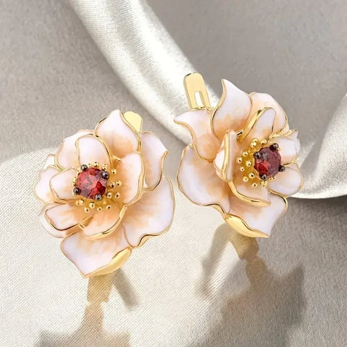 White Flower Red Zirconia Earrings | Gold