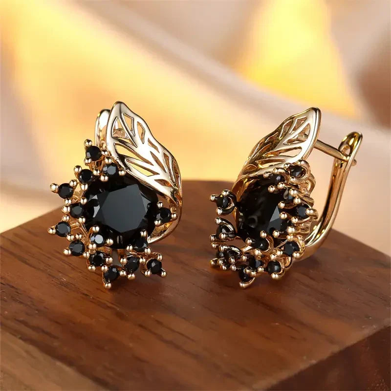 Orecchini Neri in Zirconia Dorata | Oro