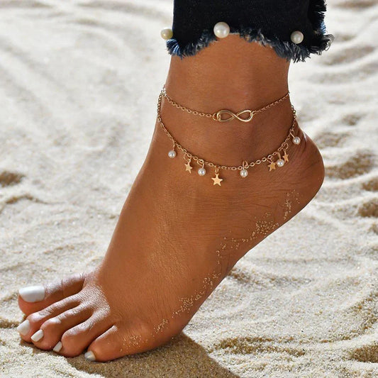 Bracciale cavigliera infinito + perle e stelle | Oro